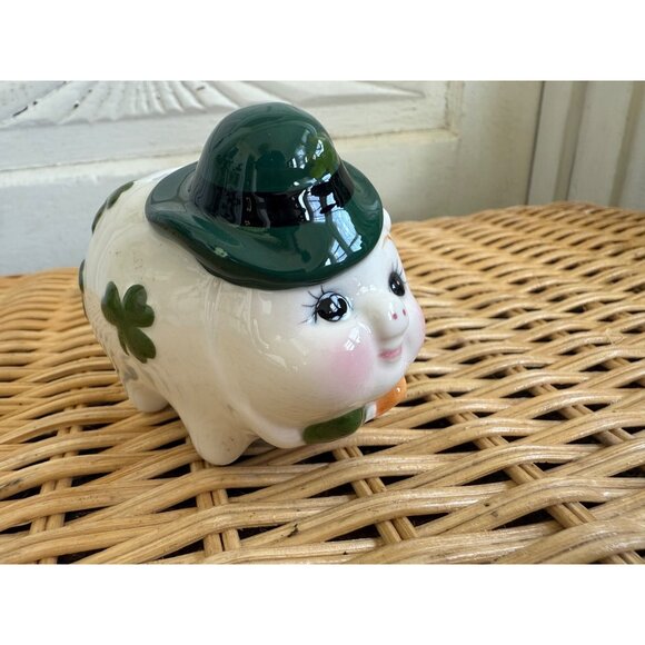 Vintage 60's Porcelain Lefton Irish Shamrock Piggy Bank With stopper - Picture 1 of 6